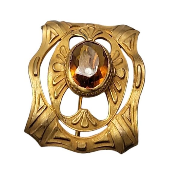 Buckle Style Czech Glass Brooch Light Brown Boho Stone Gold Tone Setting - Picture 5 of 10